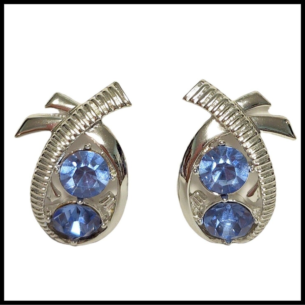 Vintage Kramer Signed Clip On Earrings Icy Light Blue Stones Swirl Oval